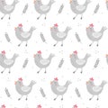 Cute cartoon chicken seamless pattern. Walking hen and leaves. Farm animals theme.